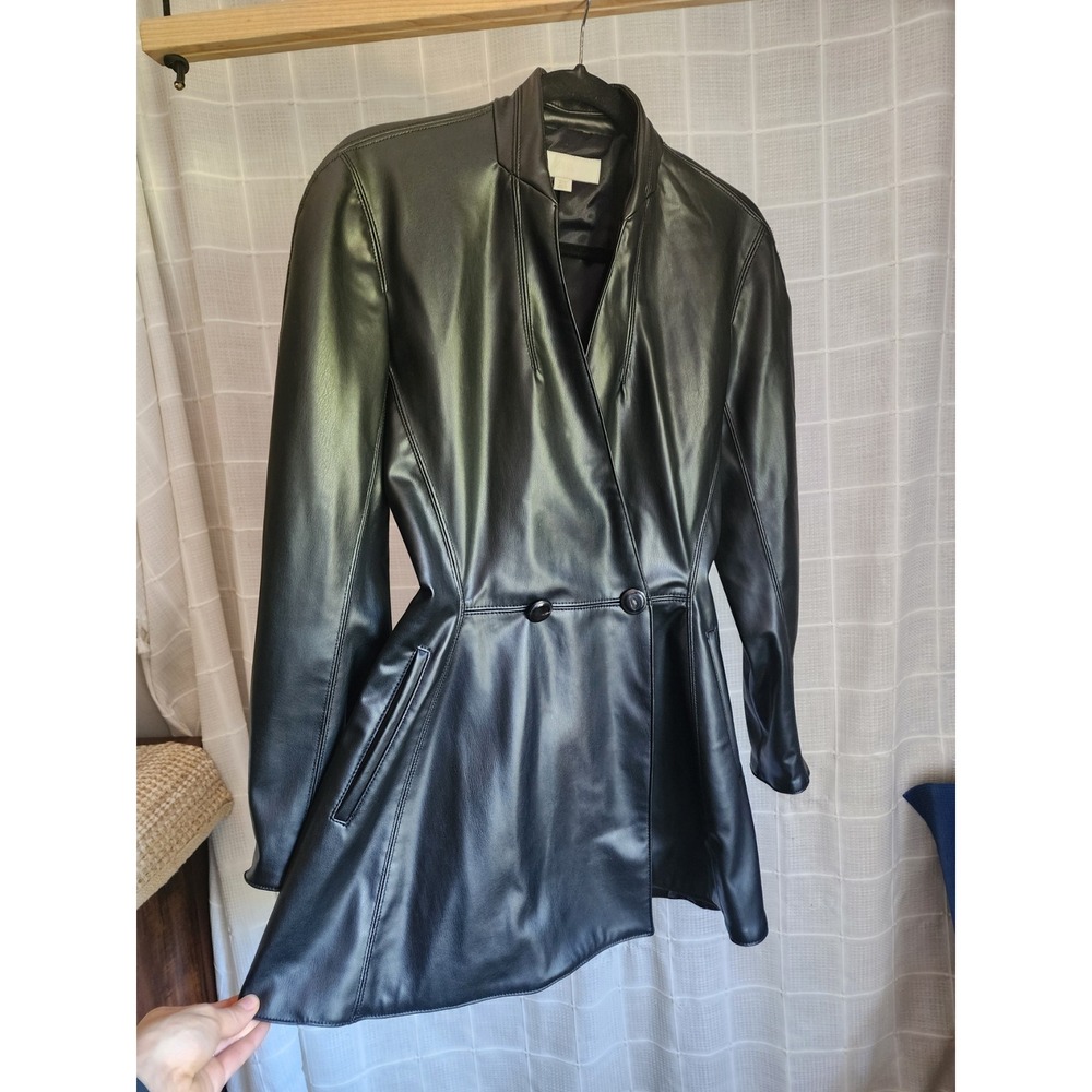 Zara Womens Faux Leather Short Trench Coat Black Double Breasted Size Small